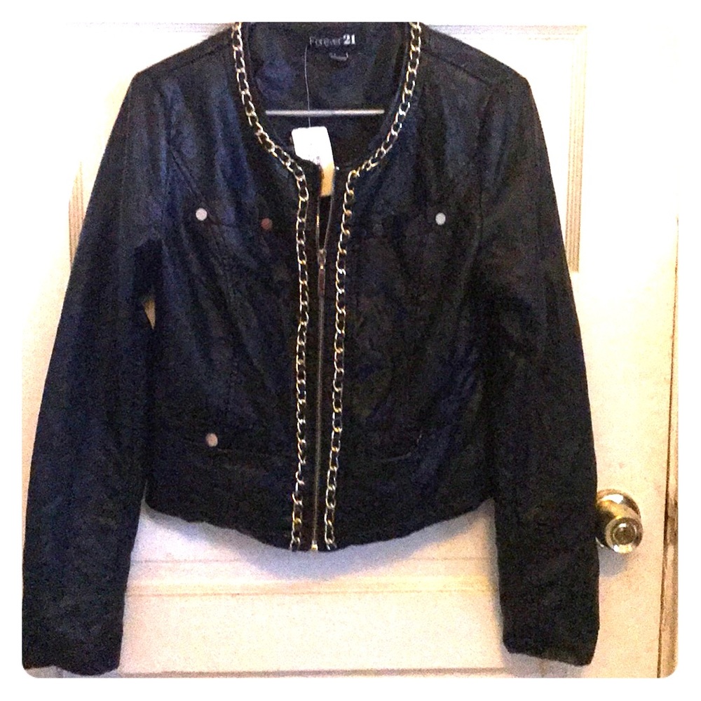 “Vegan Leather” Black Jacket with Gold Detailing!